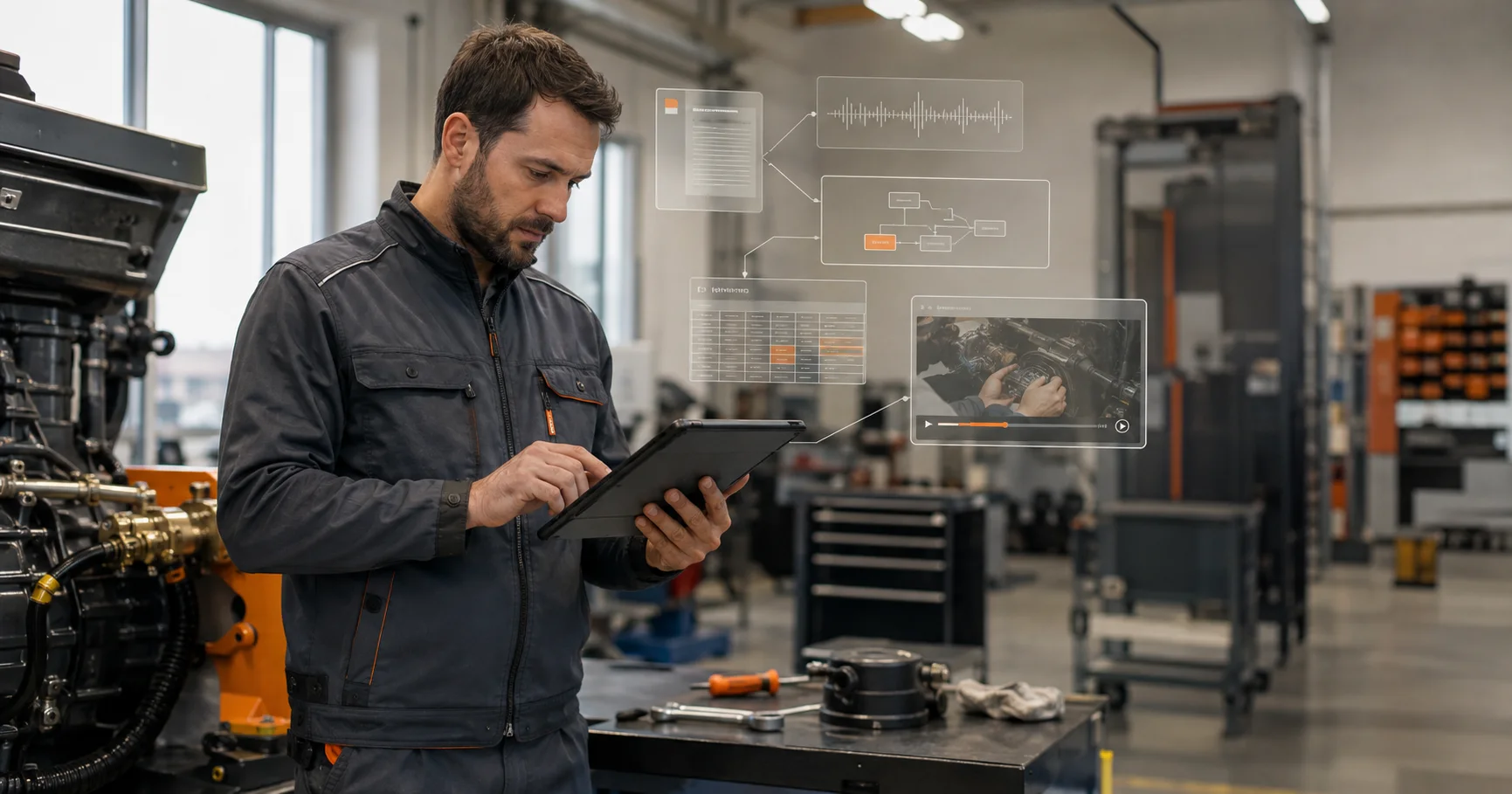 A field engineer using Opero to search technical documents, consult training video, and run a workflow beside industrial equipment