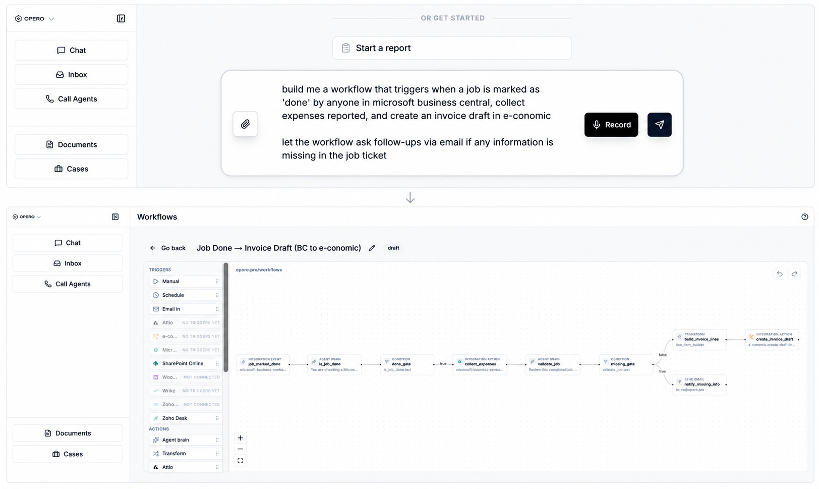 A request describing a job-completion and invoicing process, followed by the complete workflow Opero created from it