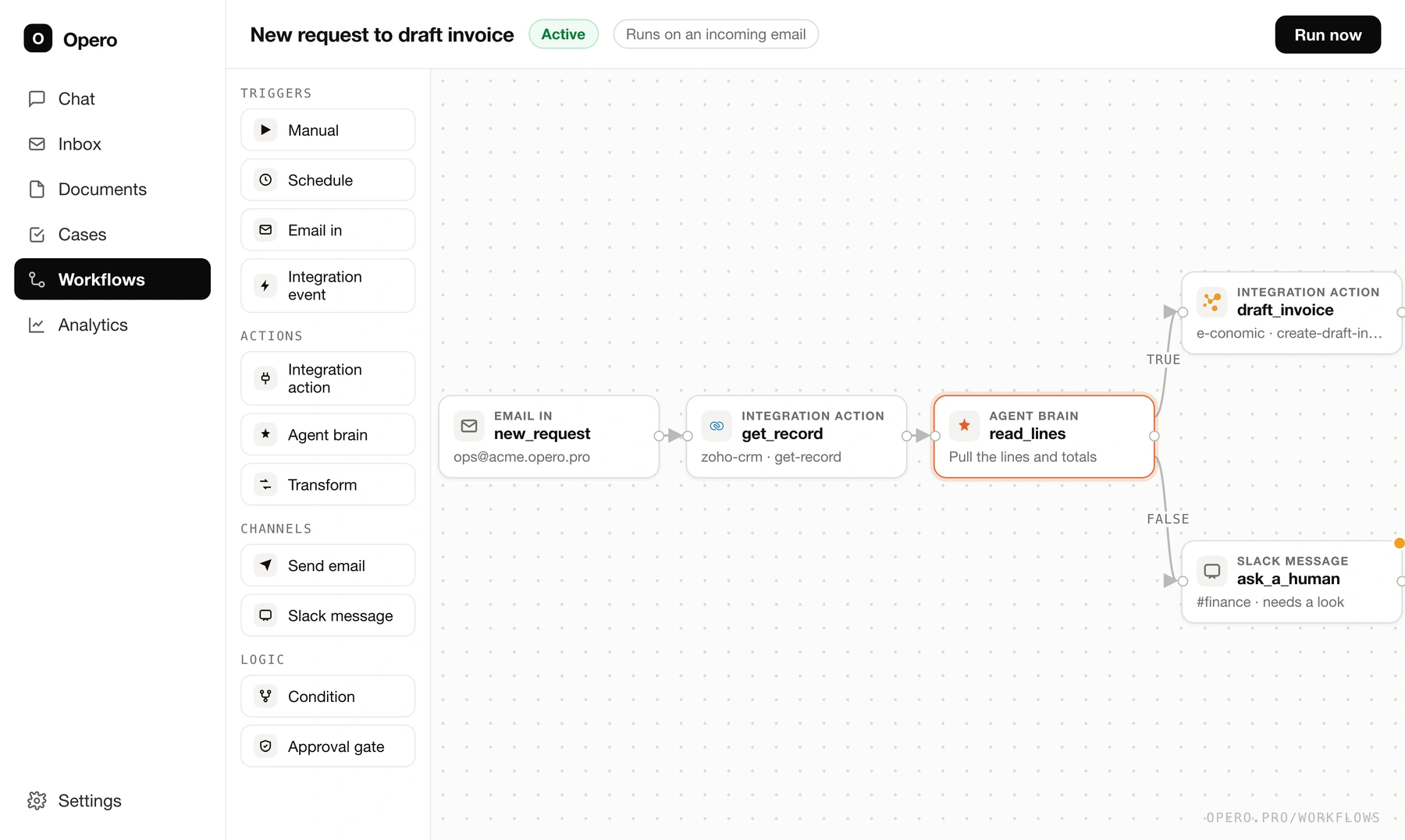 Opero workflow canvas with connected email, CRM, AI, invoice, and Slack steps