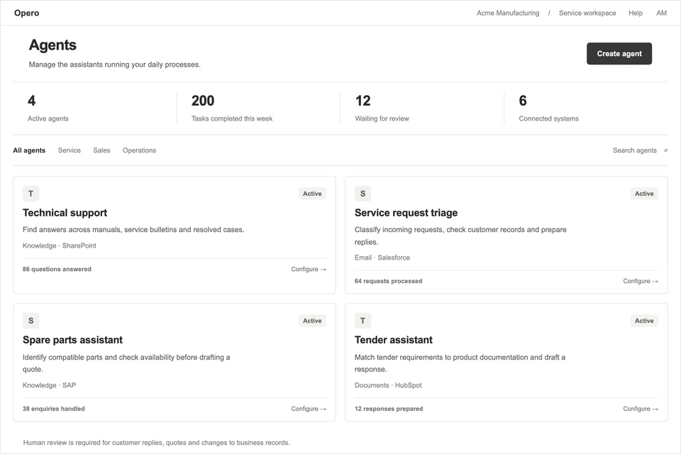 Opero agent illustration with technical support and service triage examples
