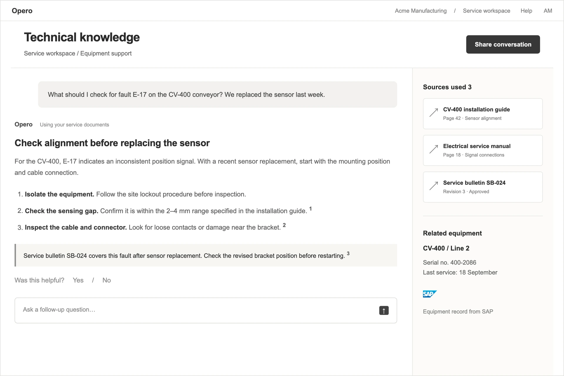 Opero chat showing a technical service question, cited guidance and equipment context