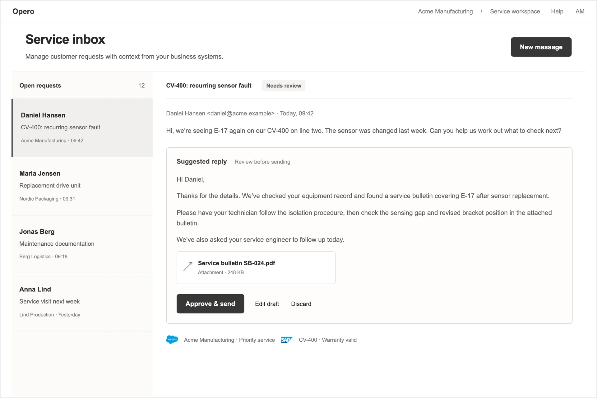Opero inbox showing a conveyor inspection request and a draft response for review