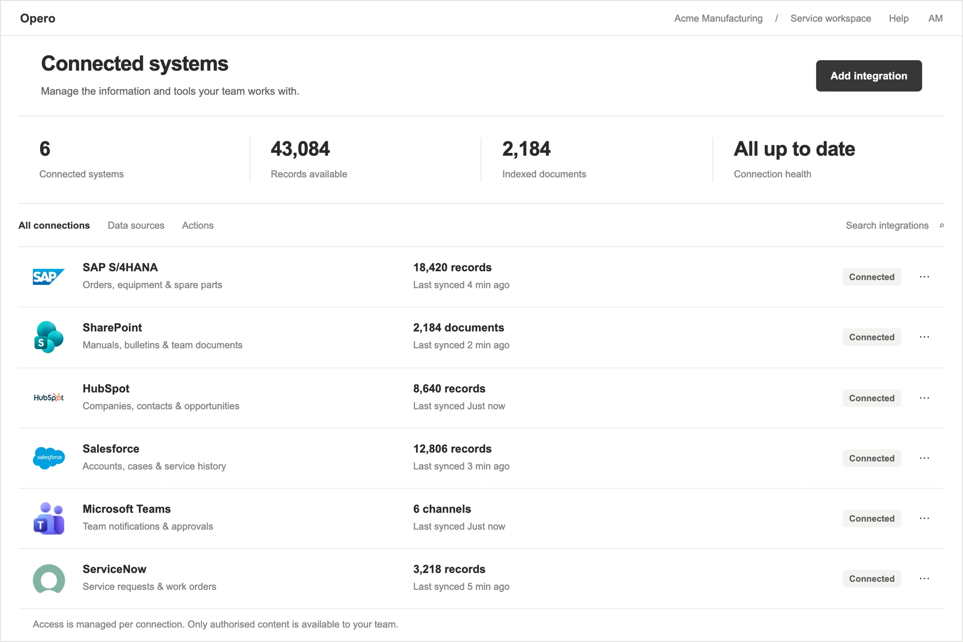 Opero connection settings with SAP, SharePoint, HubSpot, Salesforce, Teams and ServiceNow connected