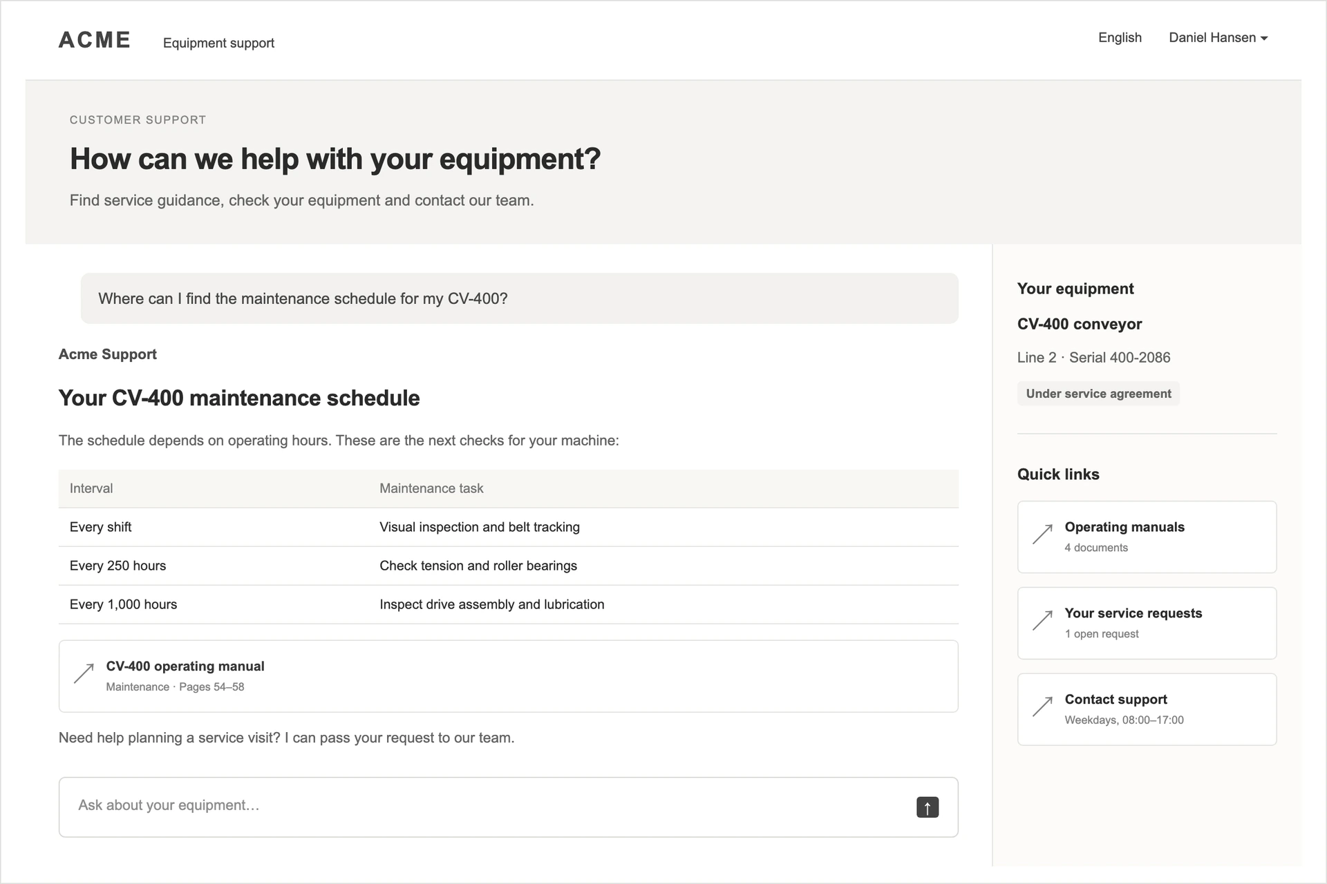 Opero branded customer portal with equipment maintenance guidance and source documents