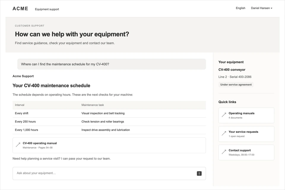 Opero customer portal illustration with equipment guidance and source documents