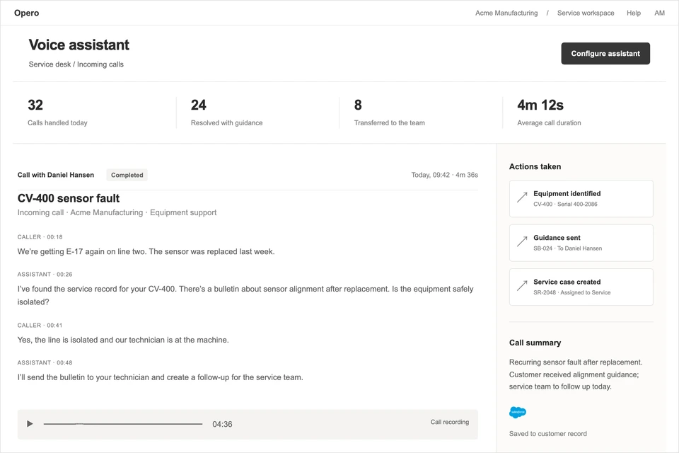 Opero voice agent illustration with a call transcript and service actions